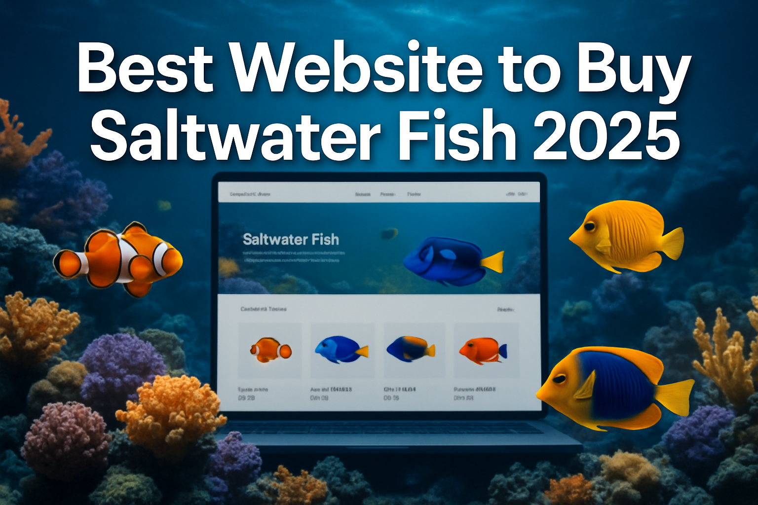 Professional landscape hero image (1536x1024) featuring bold text overlay 'Best Website to Buy Saltwater Fish 2025' in extra large 72pt whit