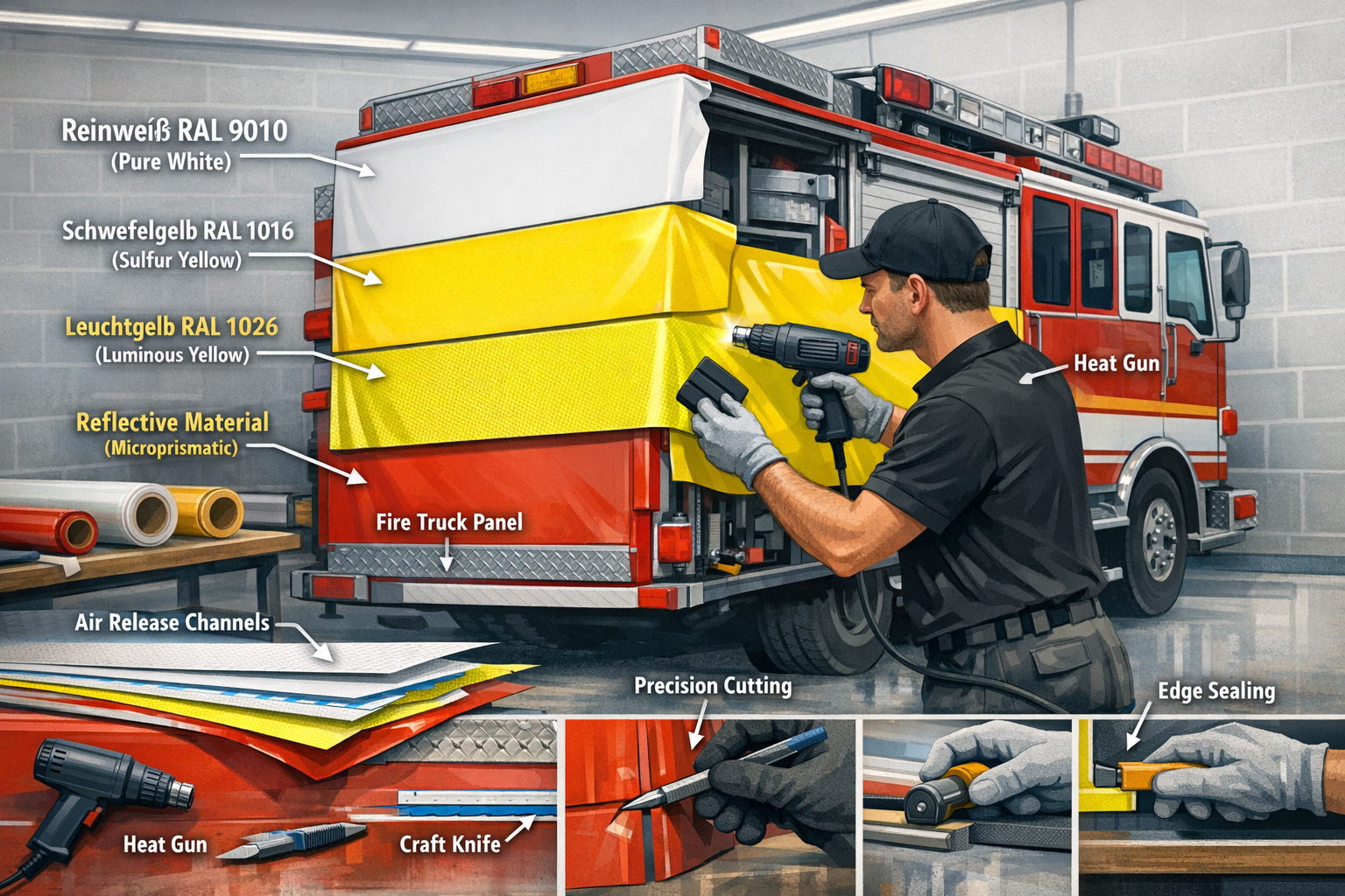 Landscape format (1536x1024) technical illustration showing cross-section view of vehicle wrapping process with adhesive film layers, reflec