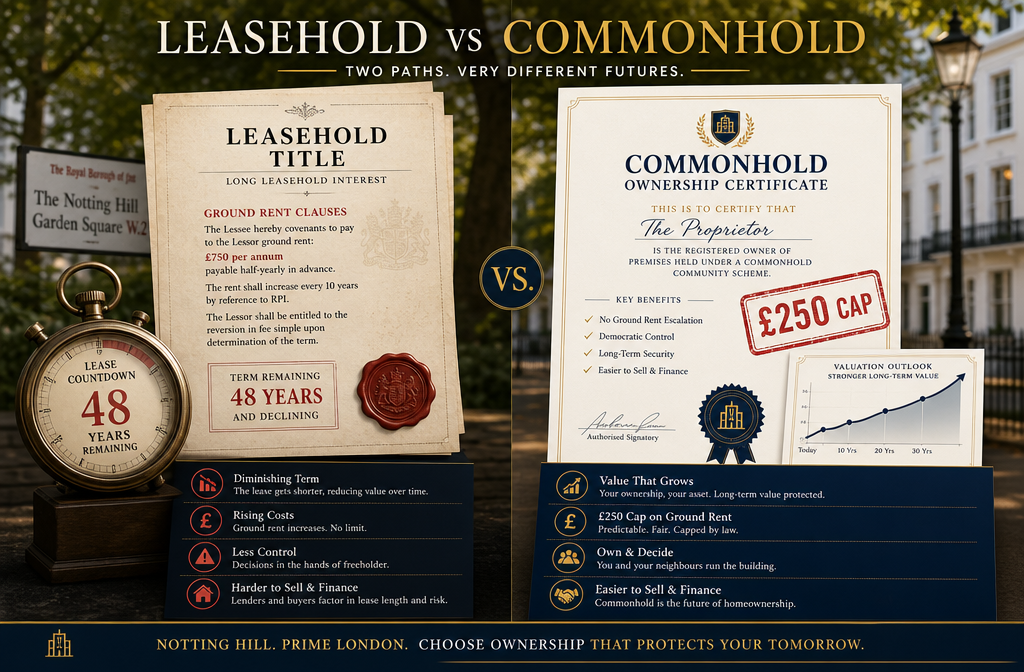 () editorial illustration showing a split-screen comparison: left side depicts a traditional leasehold title document with