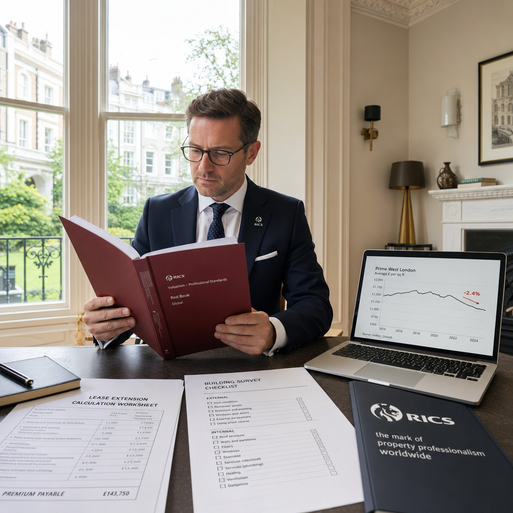 () image of a RICS-accredited surveyor in a smart navy suit reviewing a red-book valuation report at a desk inside a prime