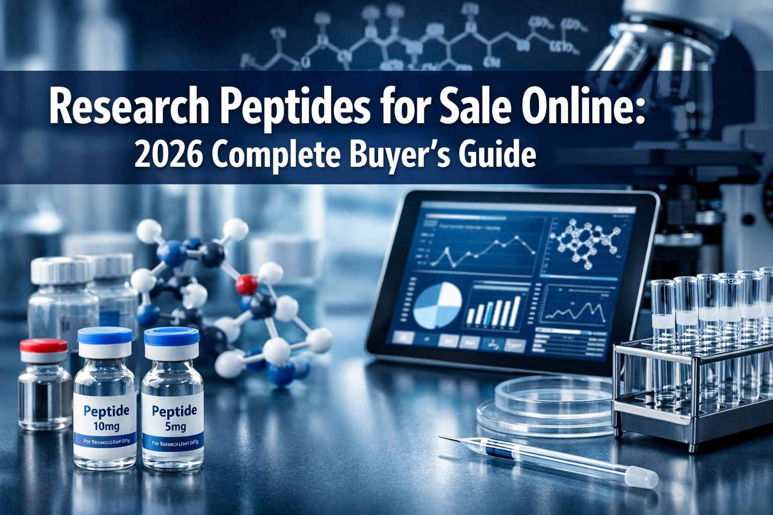 Professional landscape format (1536x1024) hero image featuring bold text overlay 'Research Peptides for Sale Online: 2026 Complete Buyer's G