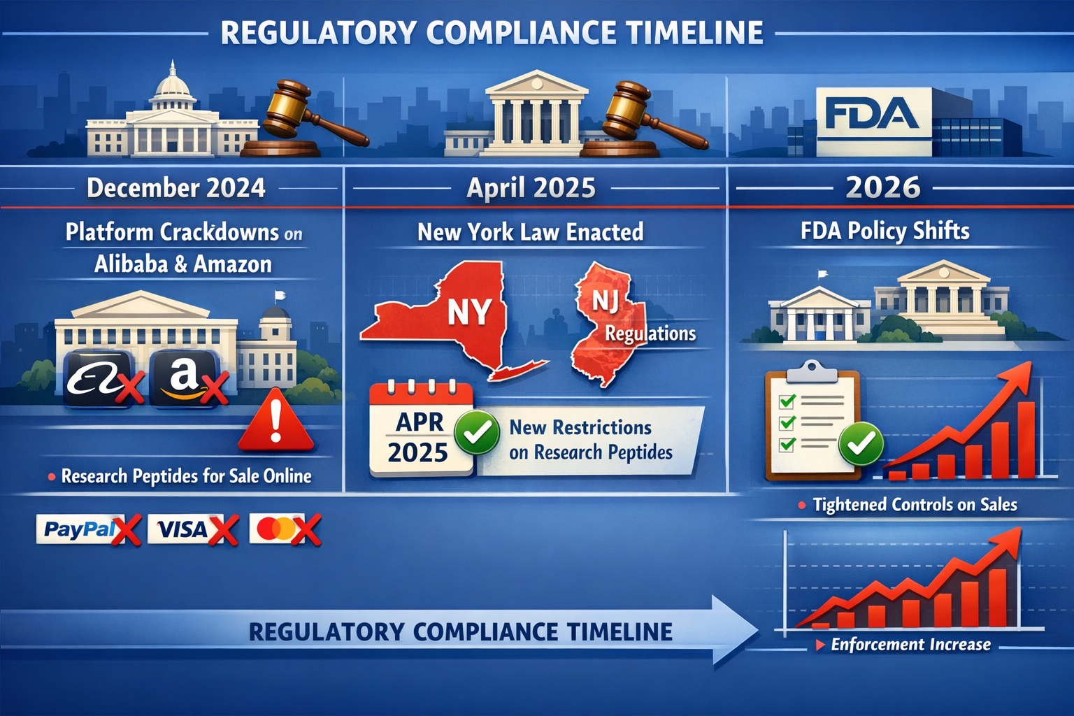 Landscape format (1536x1024) detailed infographic showing regulatory compliance timeline from 2024-2026 with major milestones: December 2024