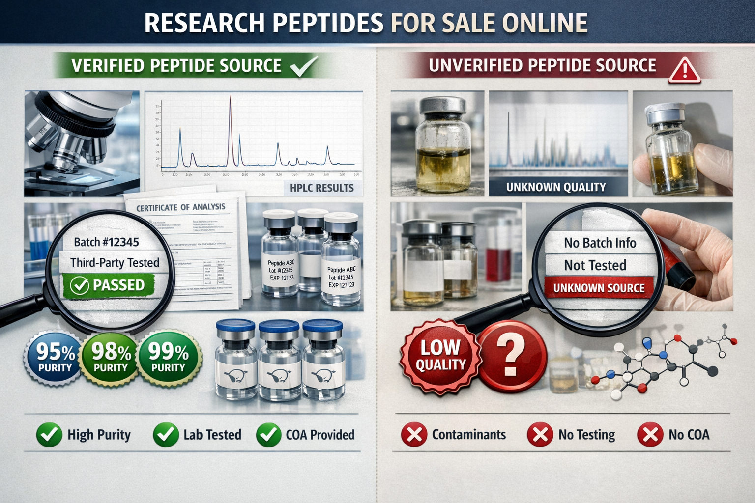 Landscape format (1536x1024) comprehensive quality control comparison chart showing laboratory testing procedures for research peptides. Vis