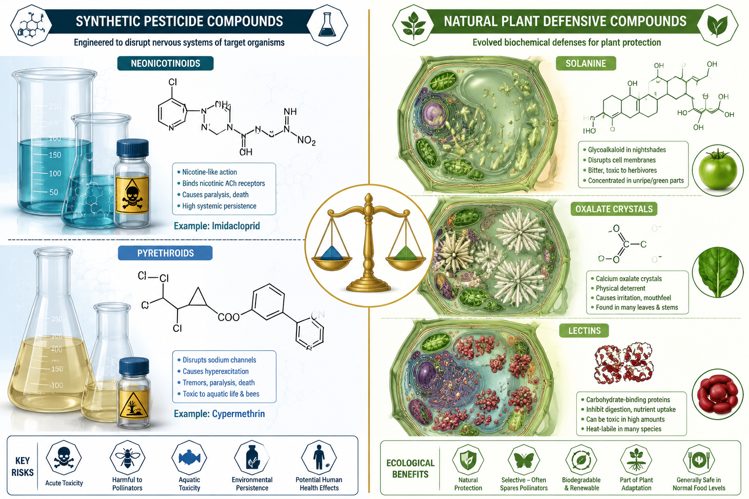 Wide () editorial infographic-style illustration showing a side-by-side laboratory comparison: on the left, glass beakers
