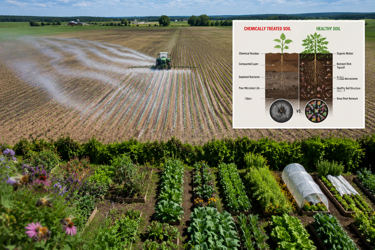 Overhead aerial photograph () of a large conventional farm field with visible pesticide spray drift patterns contrasted