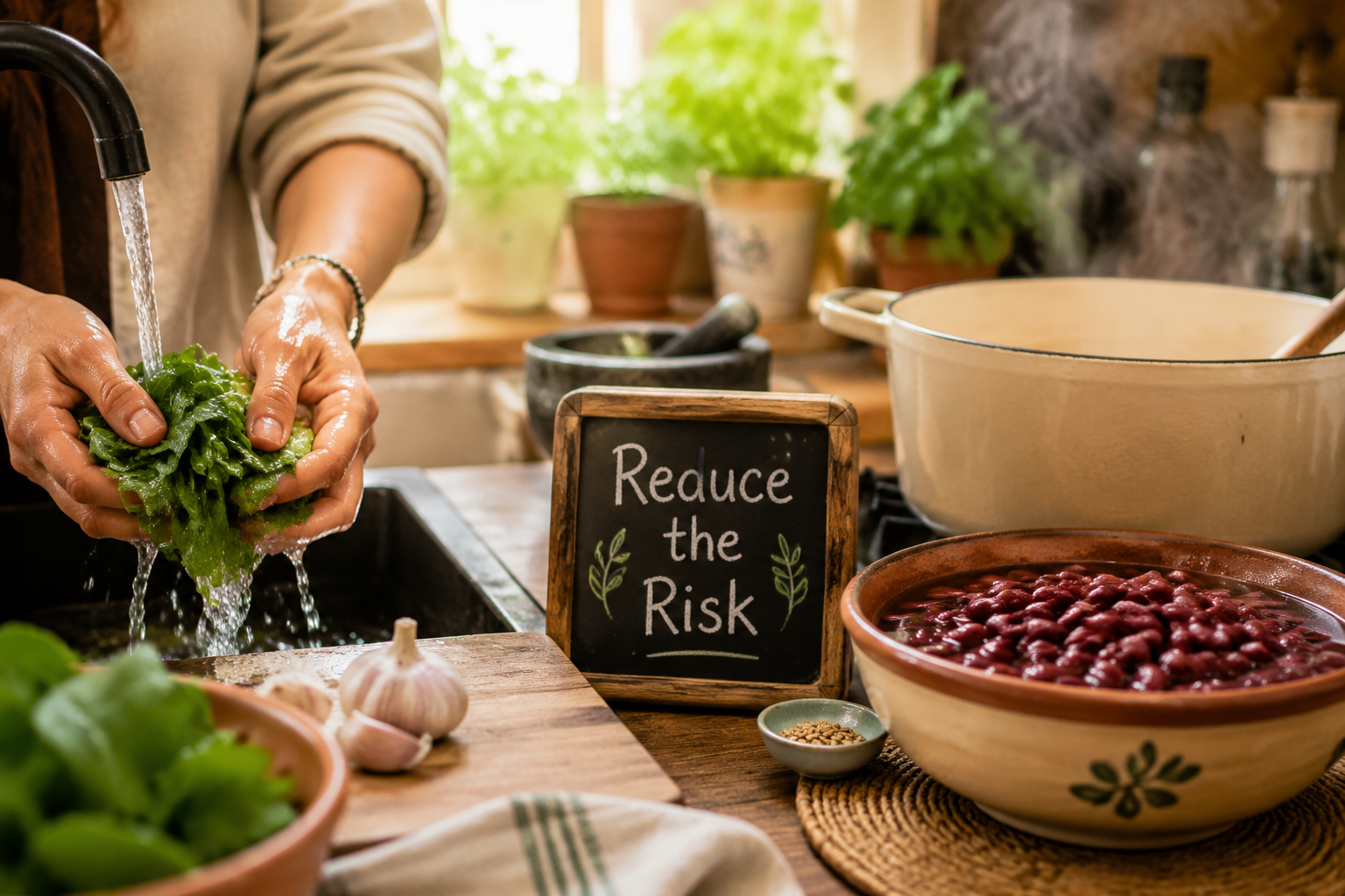 Close-up lifestyle photograph () of a wooden kitchen counter with a practical food preparation scene: a person's hands