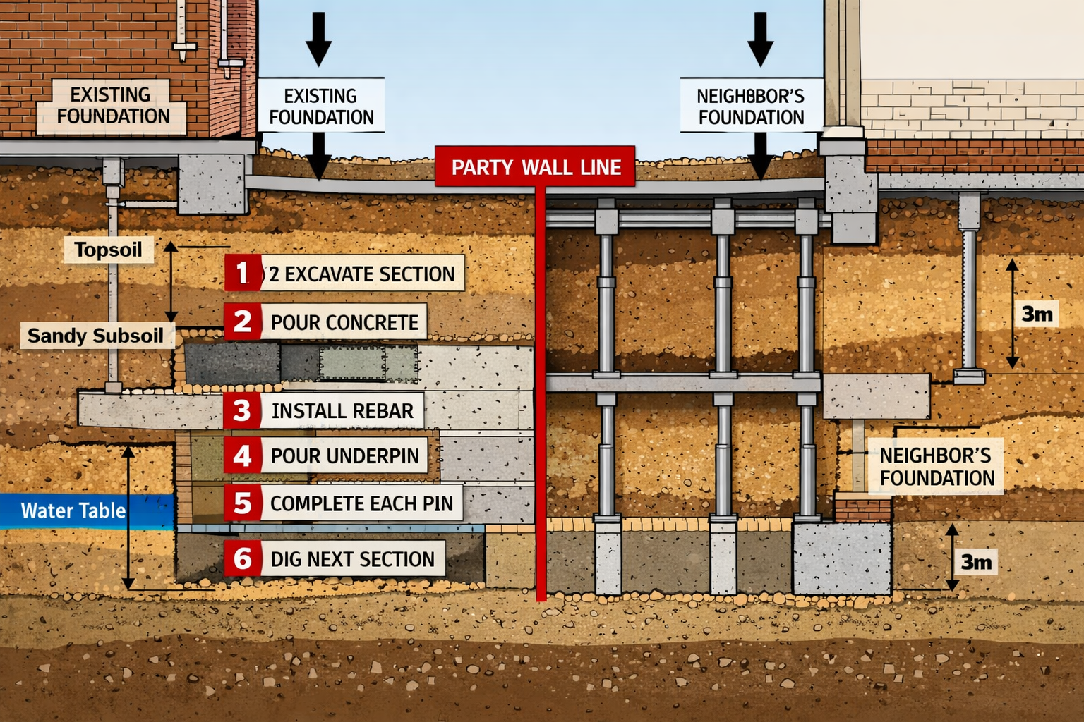 Detailed () technical illustration showing cutaway architectural cross-section of basement excavation beneath existing