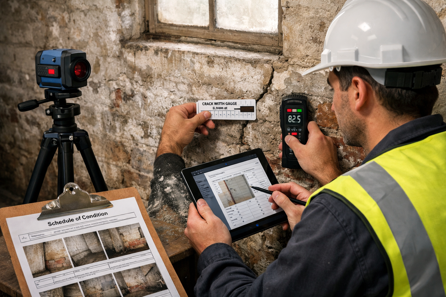 Detailed () professional photograph of building surveyor conducting pre-construction condition survey in residential