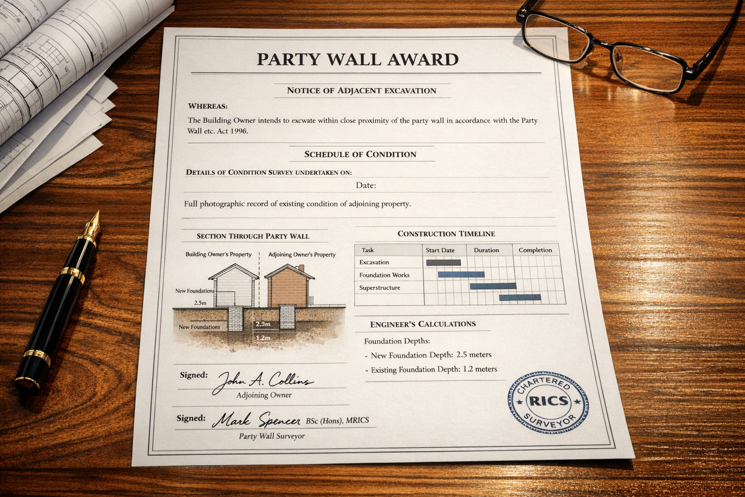 Detailed () formal document layout showing Party Wall Award certificate on wooden desk surface, official legal document with