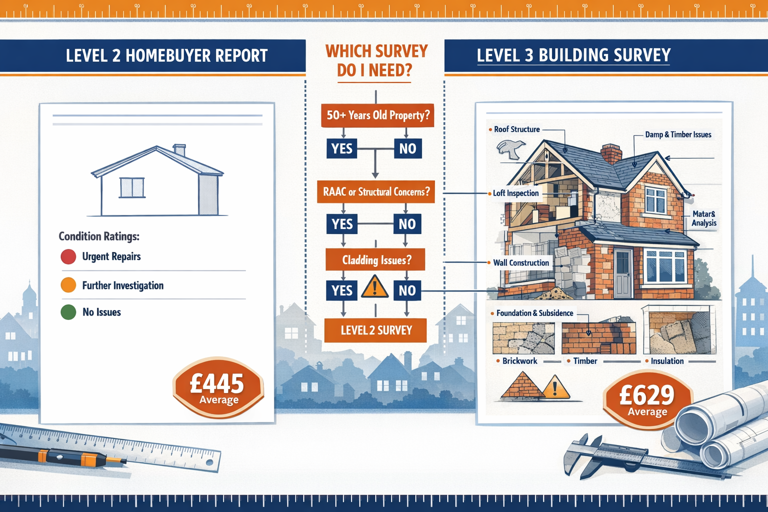 Detailed () image showing side-by-side comparison infographic of Level 2 versus Level 3 building survey reports. Left panel