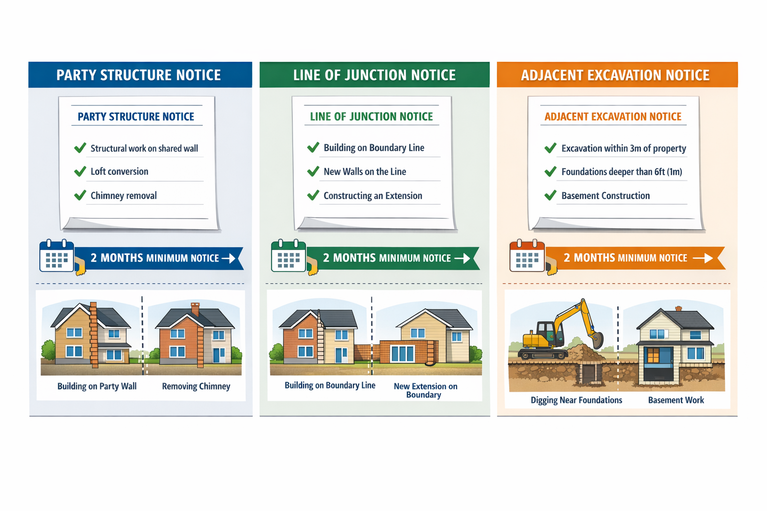 () detailed infographic showing three distinct types of Party Wall Act notices side by side: Party Structure Notice, Line of