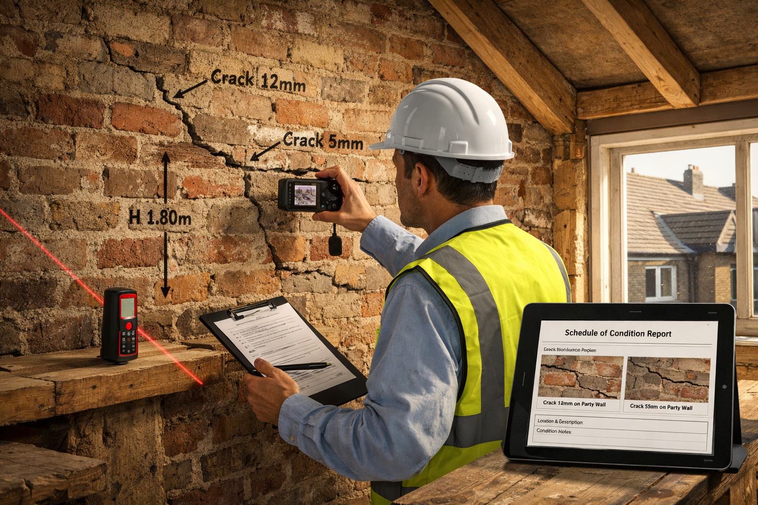 () professional scene showing party wall surveyor conducting detailed schedule of condition inspection in a loft space.