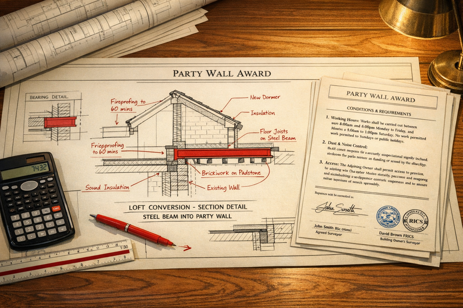 () detailed architectural drawing of party wall award document layout spread across desk surface. Shows technical
