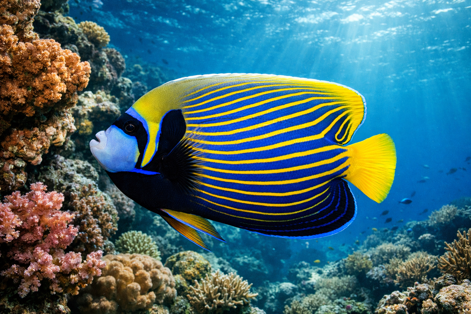 Detailed landscape format (1536x1024) underwater photography showing adult Emperor Angelfish in natural habitat with vibrant blue and yellow