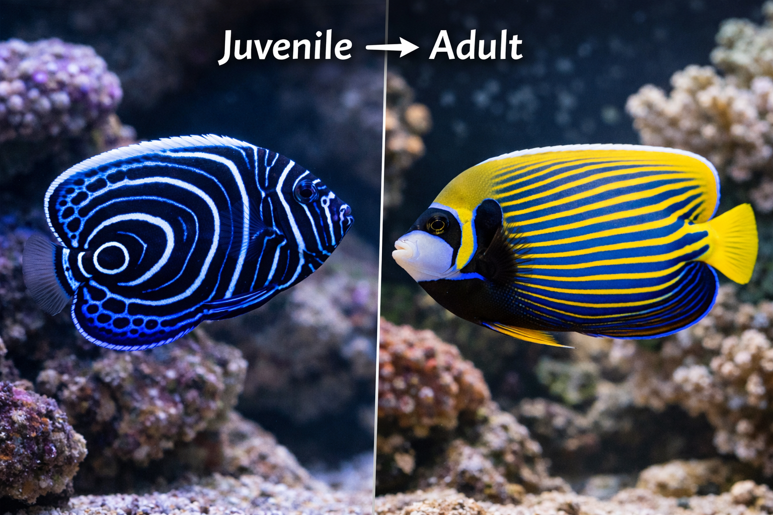 Landscape format (1536x1024) split-screen comparison image showing juvenile Emperor Angelfish on left side with distinctive dark blue body a