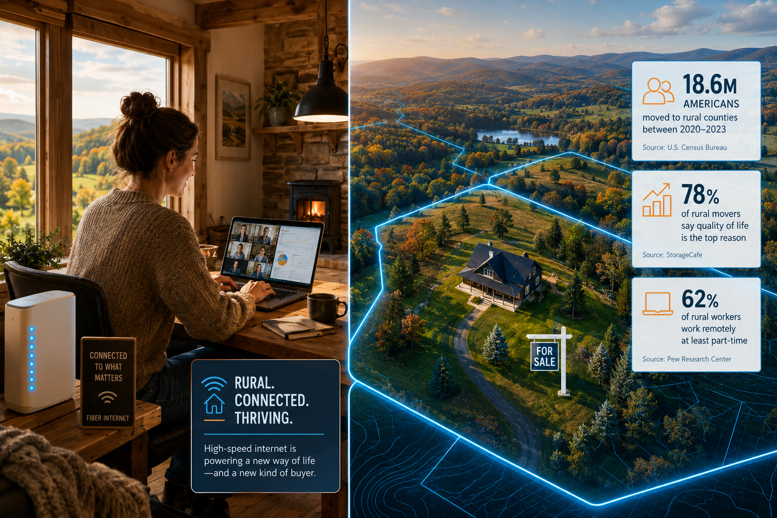 () editorial illustration showing a split-scene composition: left half depicts a professional working remotely on a laptop