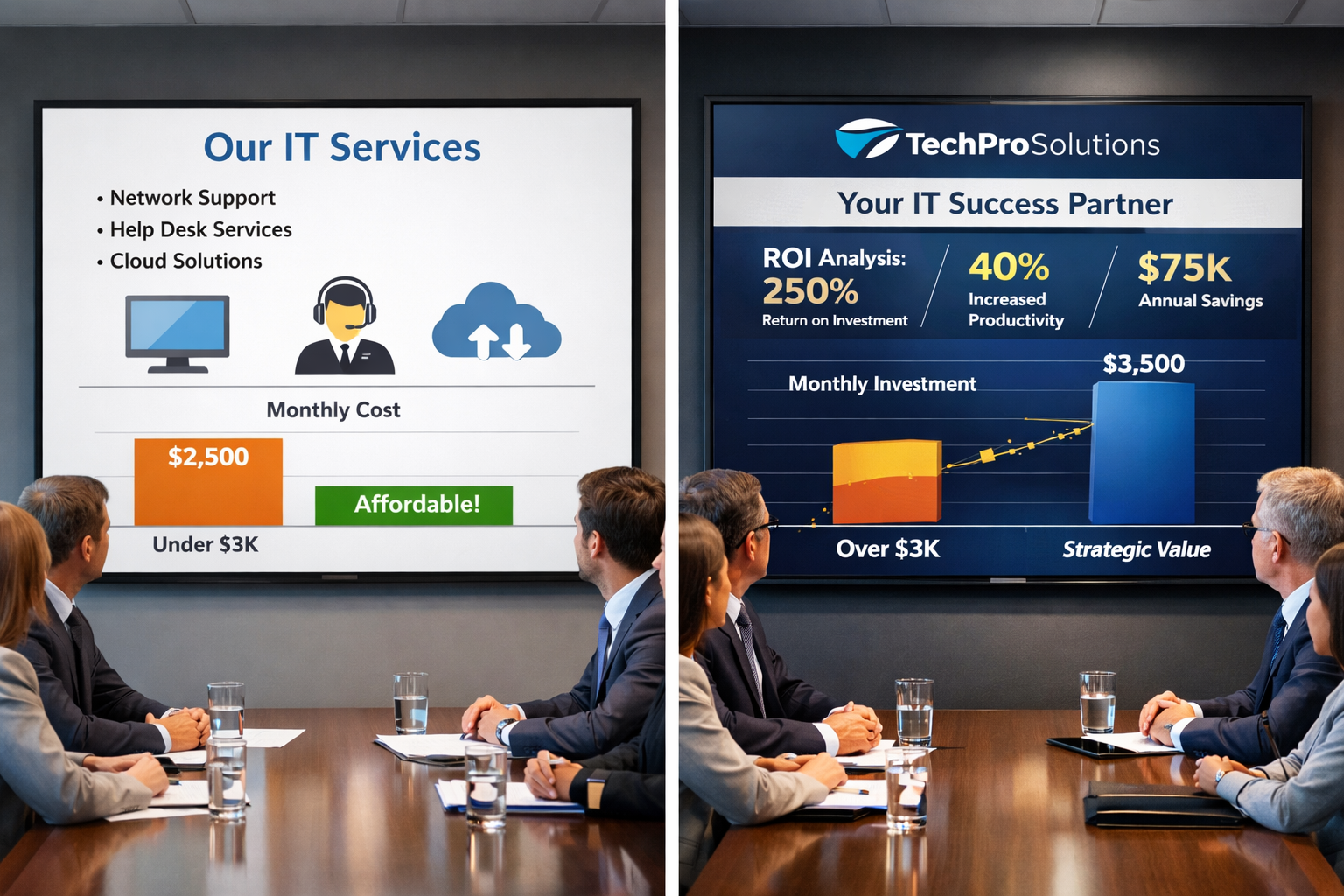 Split-screen comparison showing two MSP sales presentations - left side shows amateur PowerPoint with generic IT clip art and basic service
