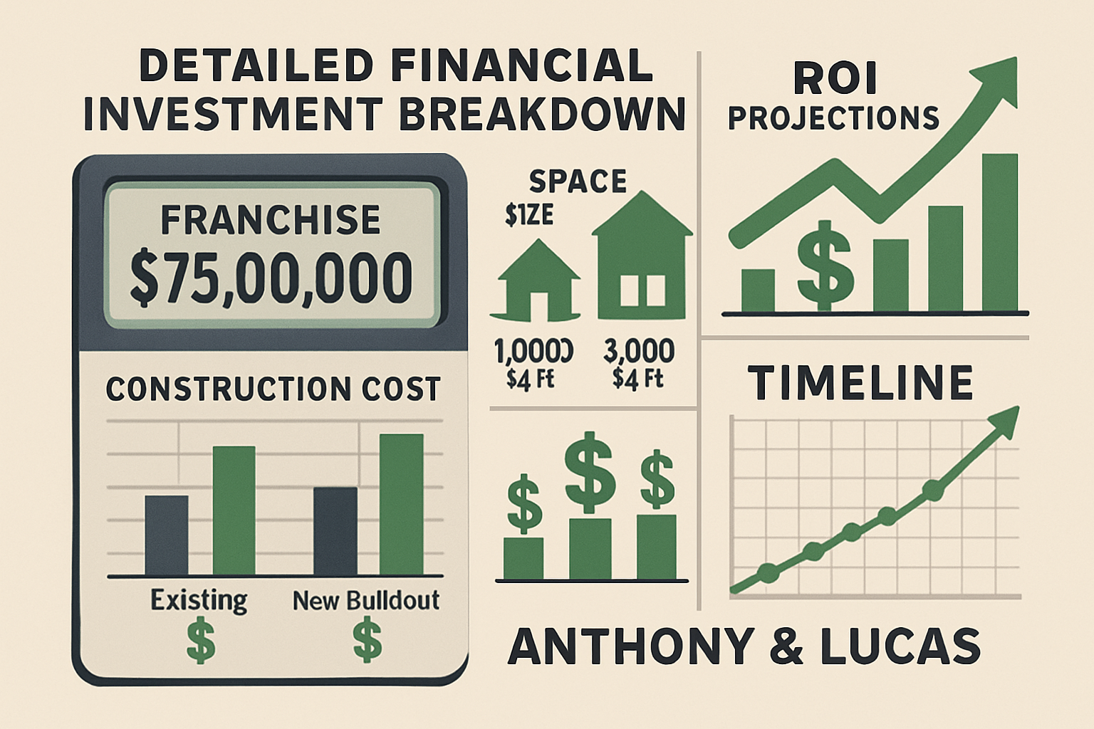 Detailed financial investment breakdown visualization showing franchise costs from $75,000 to $500,000, featuring space size comparisons fro