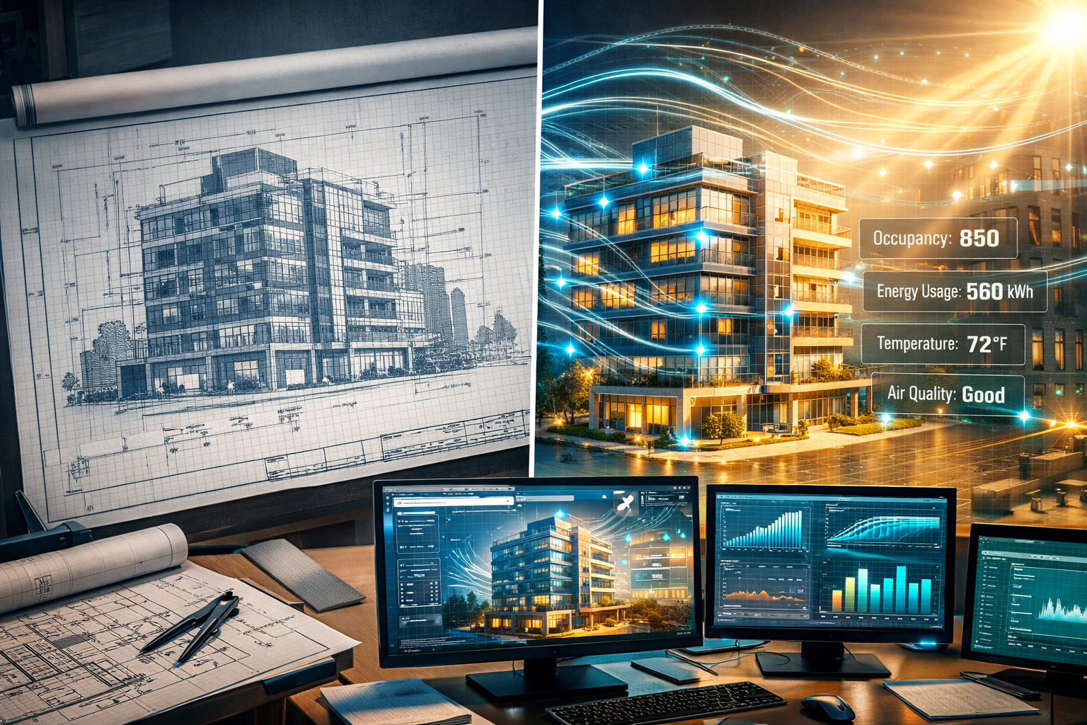 Landscape format (1536x1024) editorial image showing split-screen comparison of traditional static architectural blueprint on left versus dy