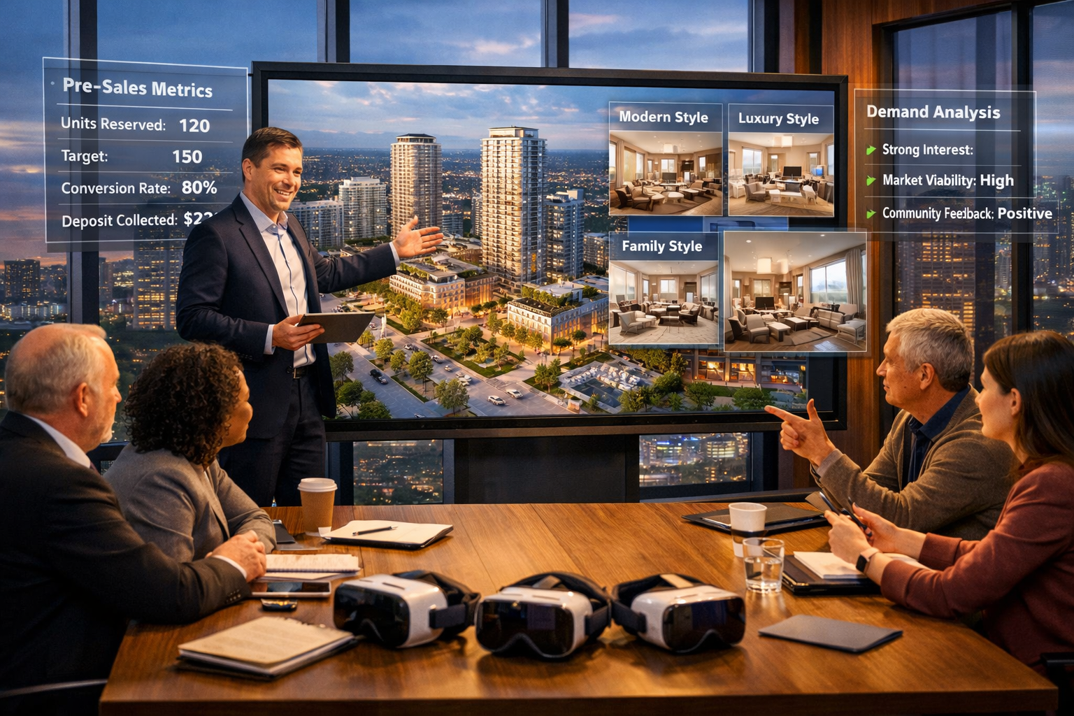 Landscape format (1536x1024) professional visualization showing property developer presenting to stakeholders using large interactive touchs