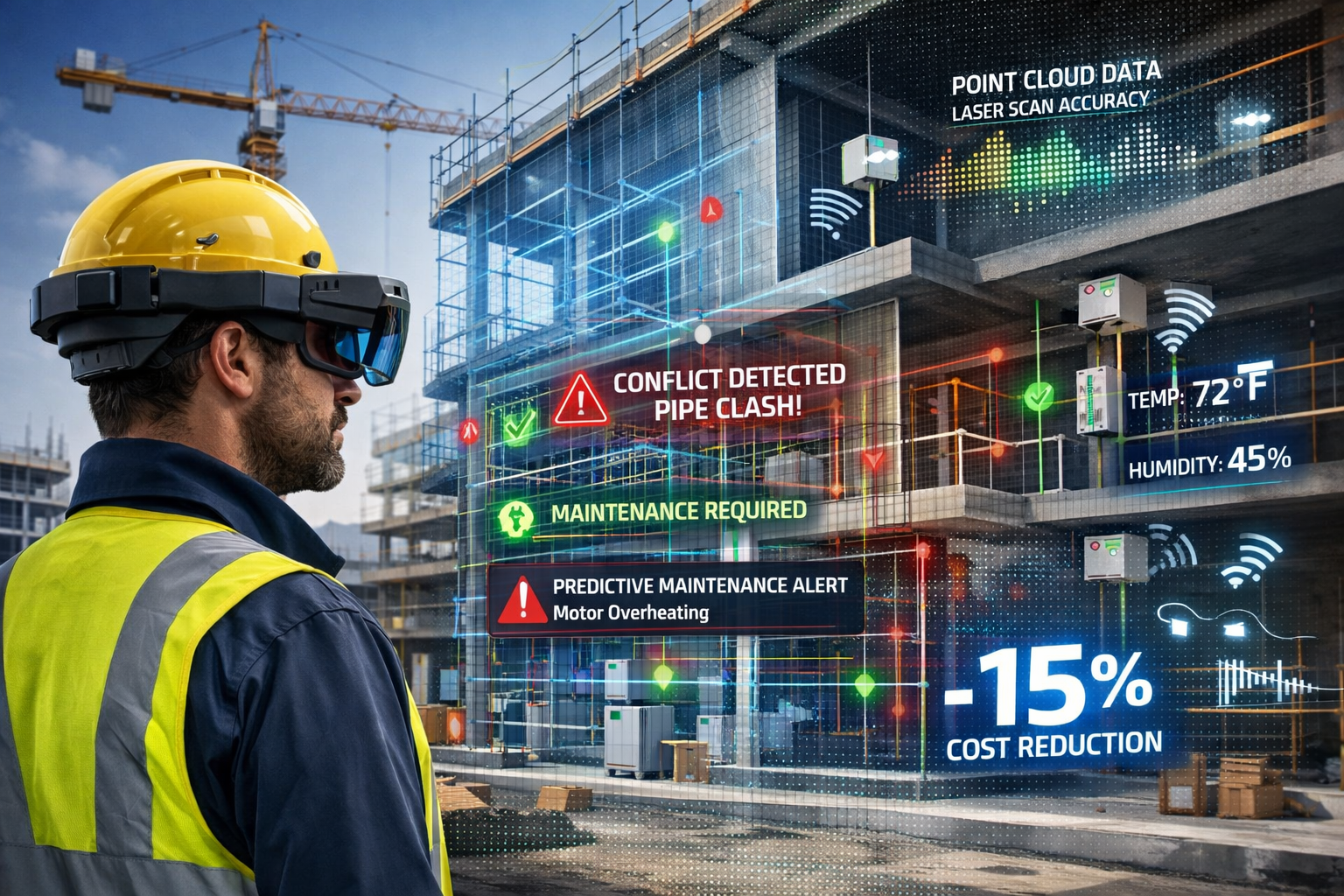 Landscape format (1536x1024) technical illustration depicting construction site worker wearing AR headset with digital twin overlay aligned 