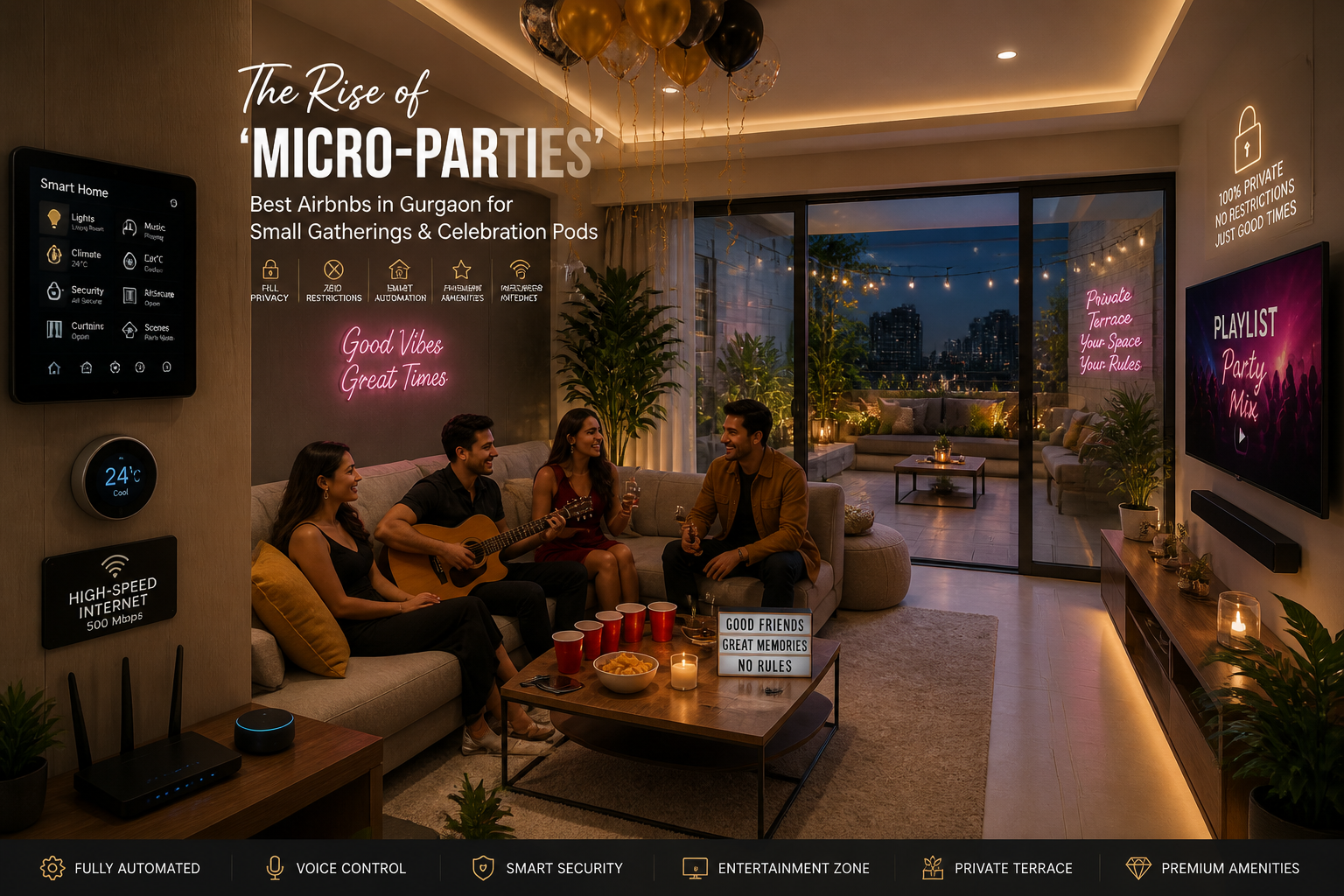 A detailed () image showing a stylish, fully automated Airbnb interior in Gurgaon, focusing on a cozy yet spacious living