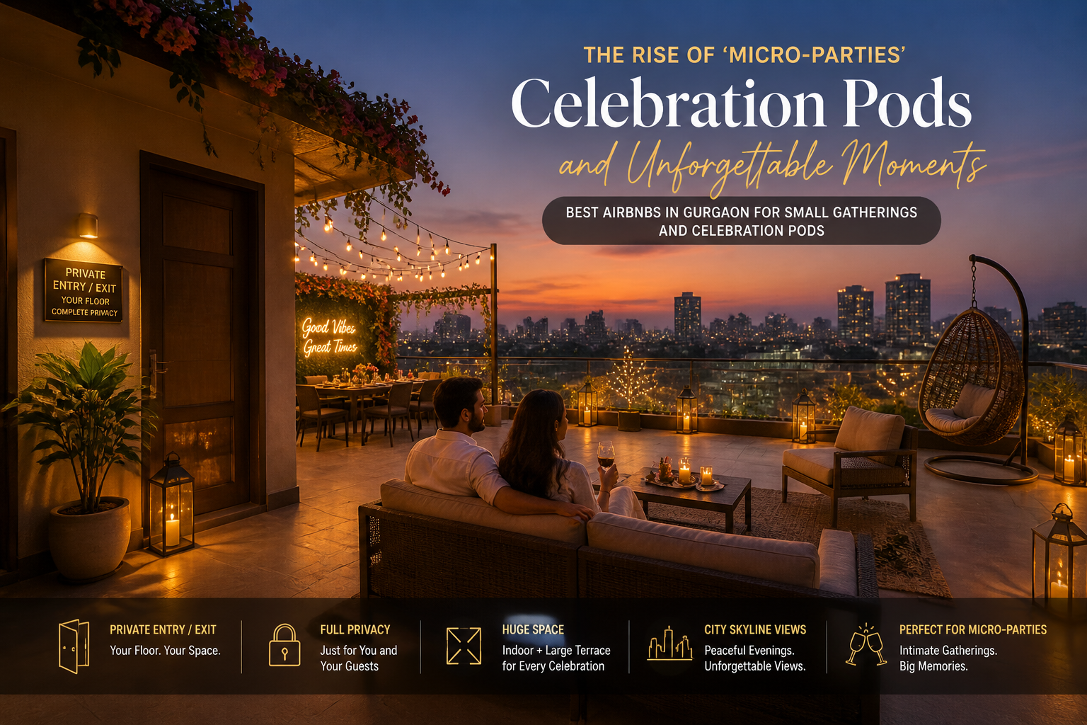 A visually distinct () image showcasing the unique advantages of an exclusive Airbnb for intimate events in Gurgaon. The