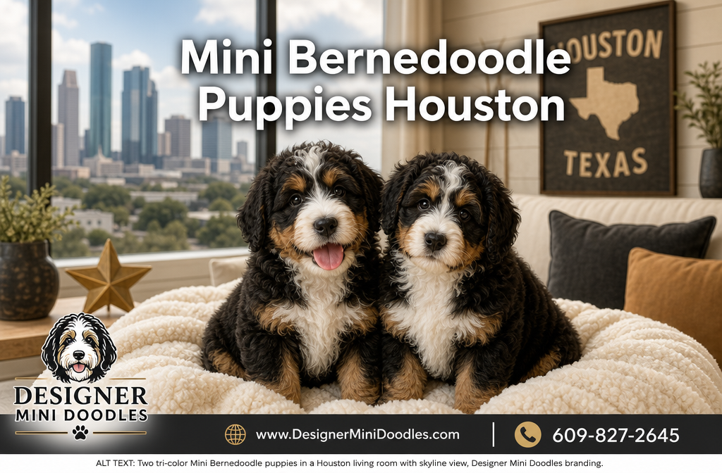Professional () hero image with : 'Mini Bernedoodle Puppies Houston' in modern white text with dark drop , centered