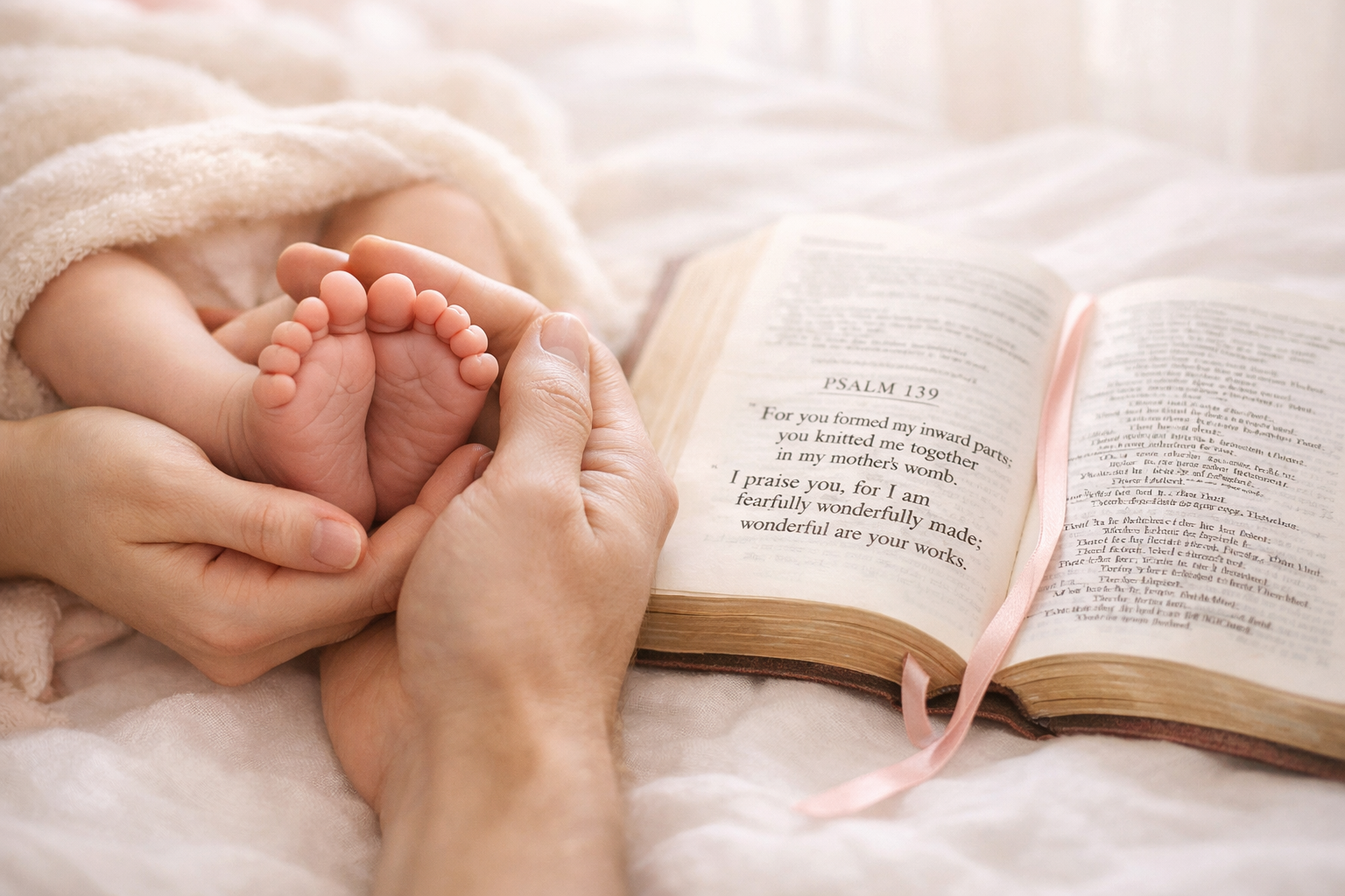 Landscape image (1536x1024) featuring parent's hands gently holding newborn baby's feet, open Bible positioned nearby with ribbon bookmark, 