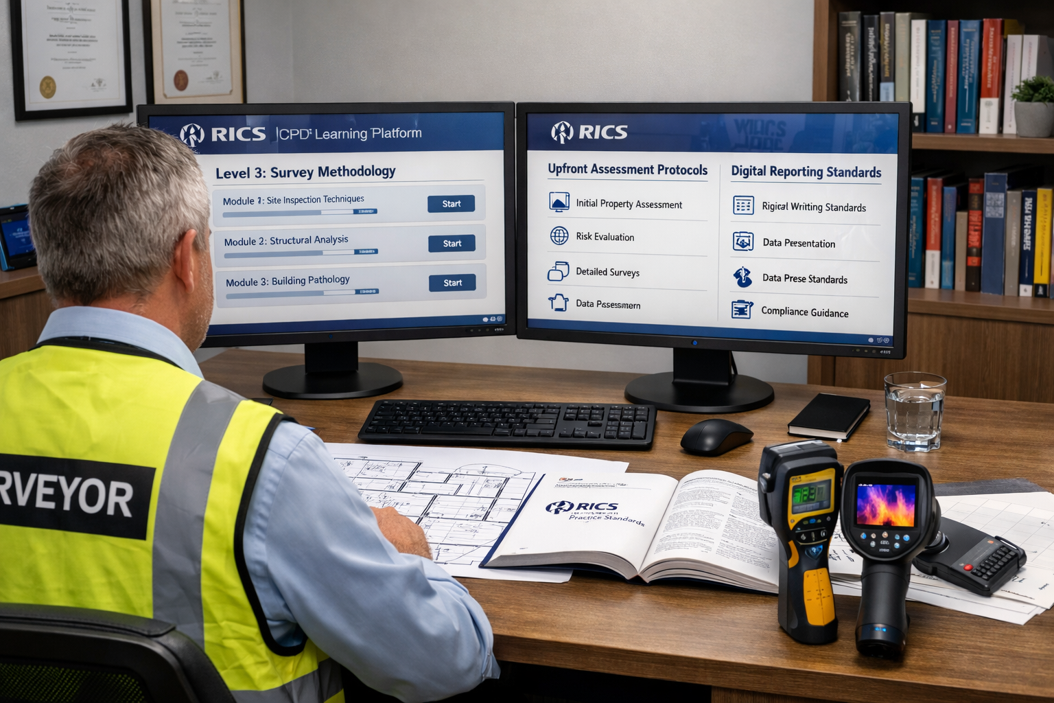 () modern training environment showing building surveyor at desk with dual monitors displaying RICS Continuing Professional