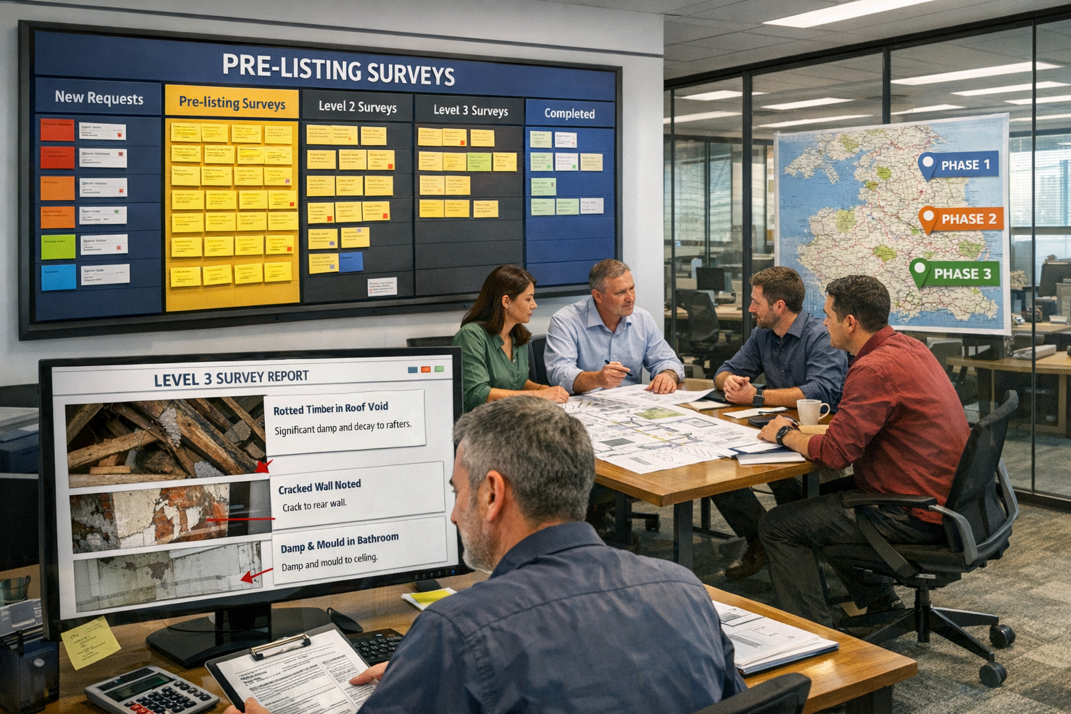 () busy surveying firm office showing workflow transformation with multiple surveyors coordinating upfront survey