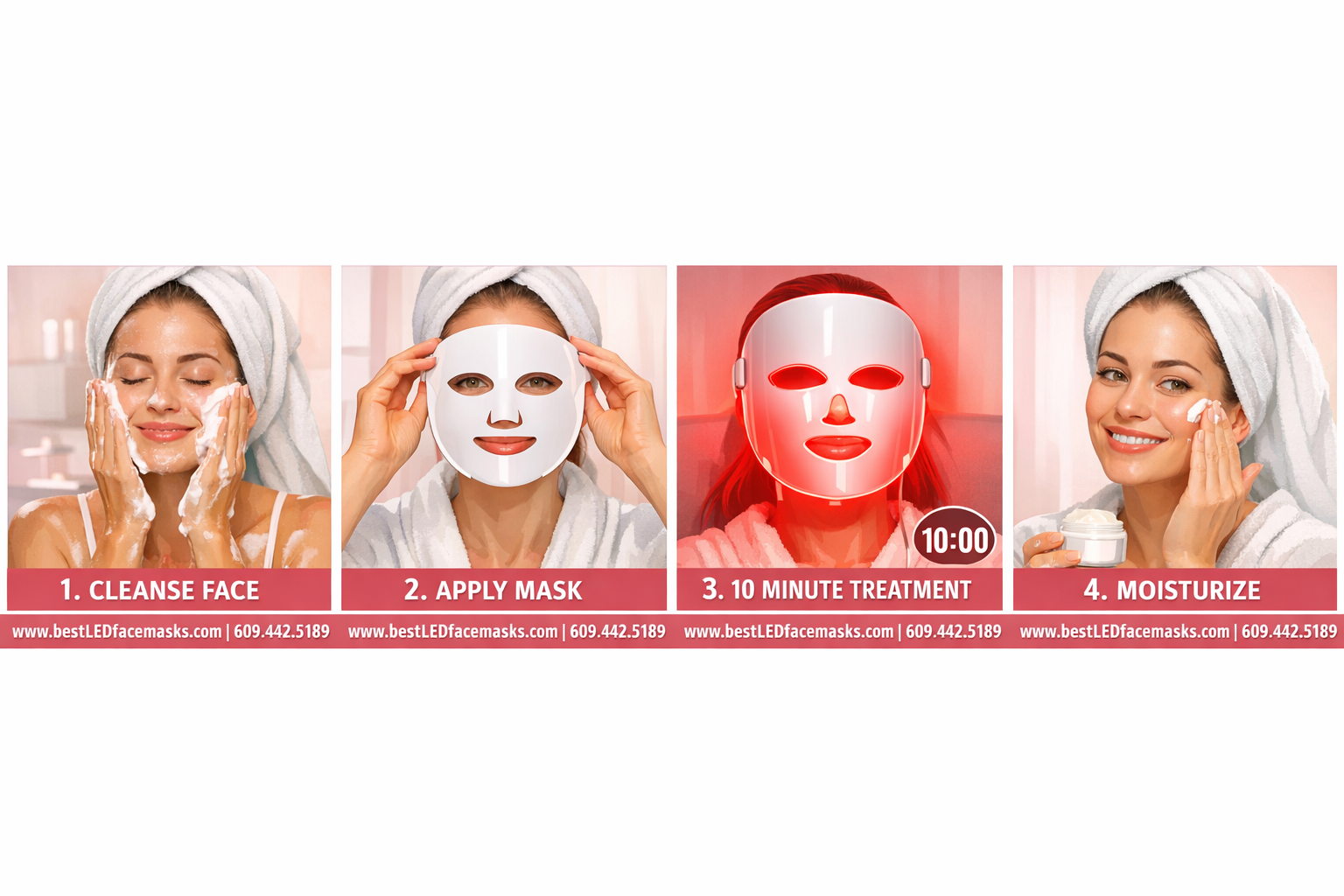 () step-by-step usage guide illustration showing a woman's skincare routine with the LED red light therapy face mask in four