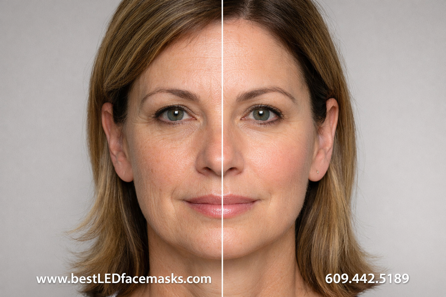 () before-and-after split-face comparison photograph of a woman in her 40s showing visible skin improvement from red light