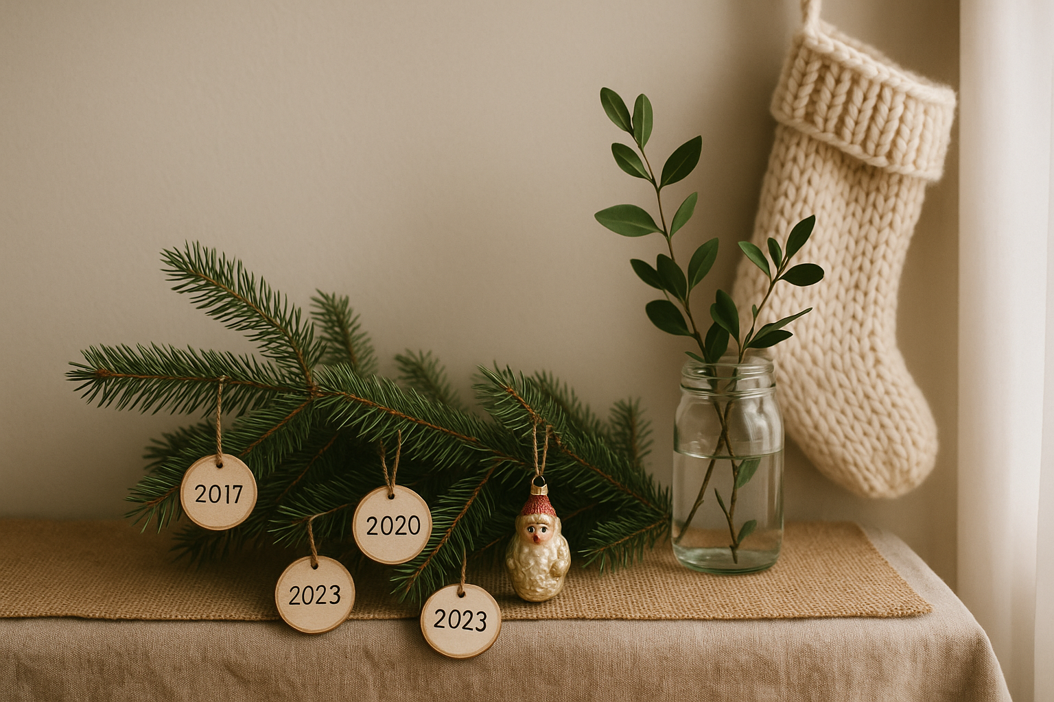 Landscape editorial image (1536x1024) displaying minimalist Christmas decor with intentional meaningful pieces, wooden ornaments with years