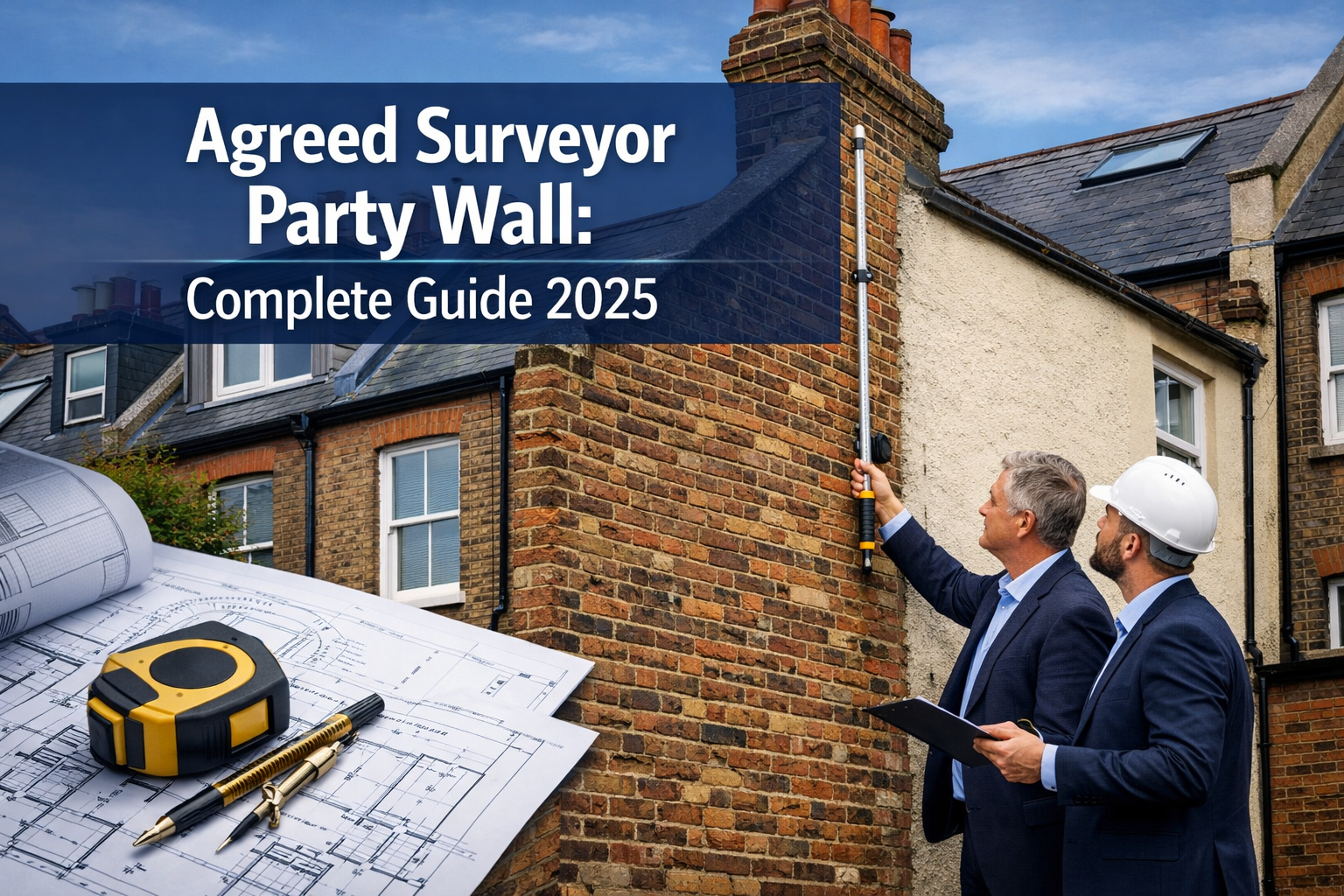 Professional landscape hero image (1536x1024) featuring bold text overlay 'Agreed Surveyor Party Wall: Complete Guide 2025' in extra large 7