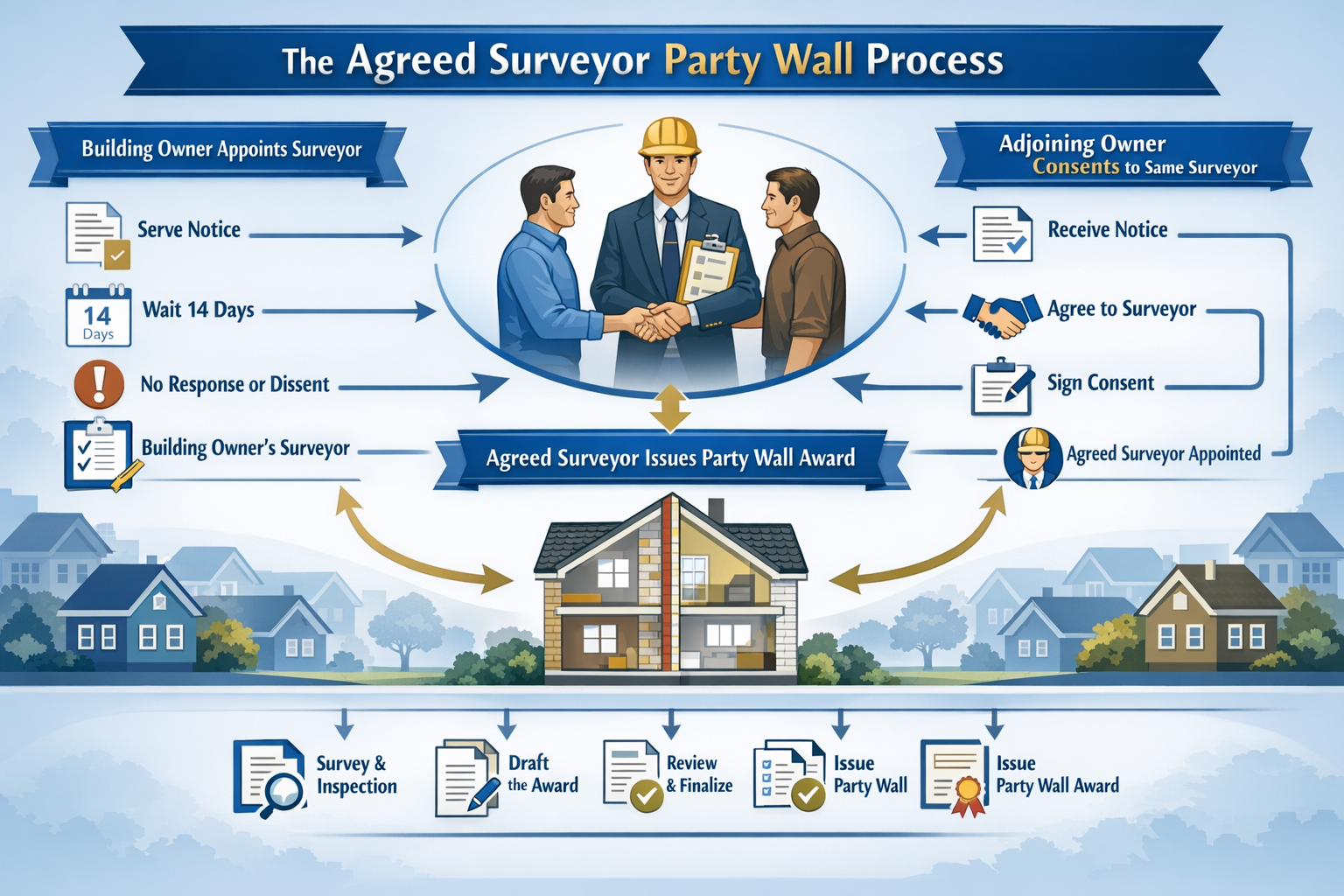 Detailed landscape infographic (1536x1024) showing the agreed surveyor party wall process flowchart with three main pathways: building owner
