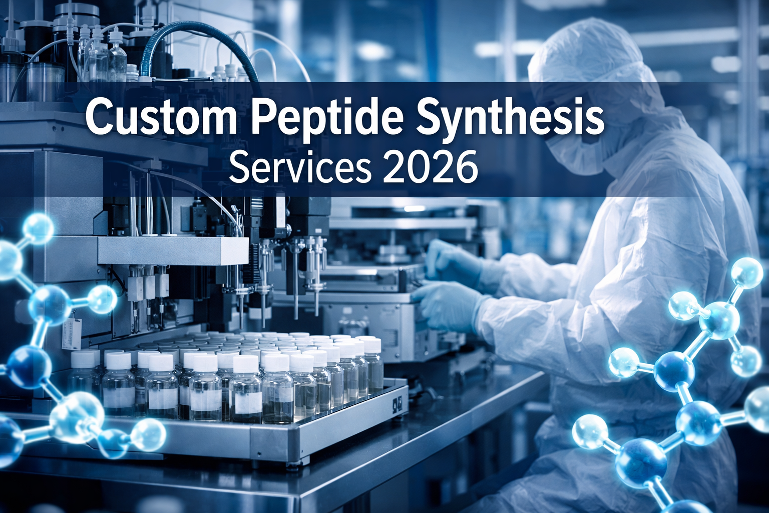 Professional landscape format (1536x1024) hero image featuring bold text overlay 'Custom Peptide Synthesis Services 2026' in extra large 72p