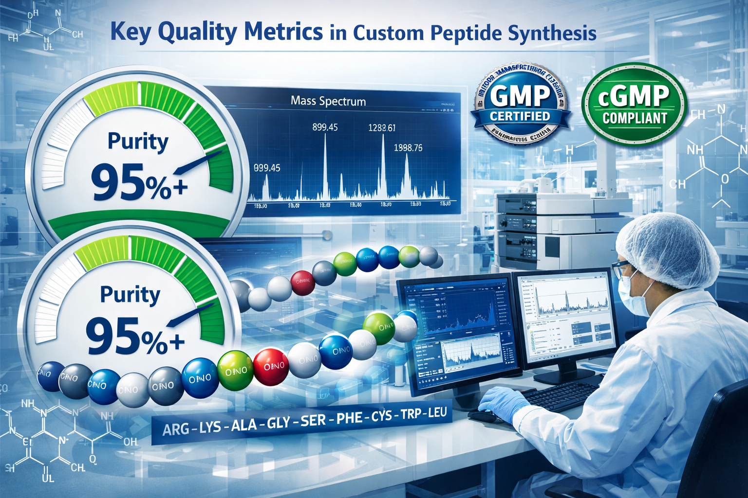 Landscape format (1536x1024) professional composition showing key quality metrics for custom peptide synthesis including purity percentage g