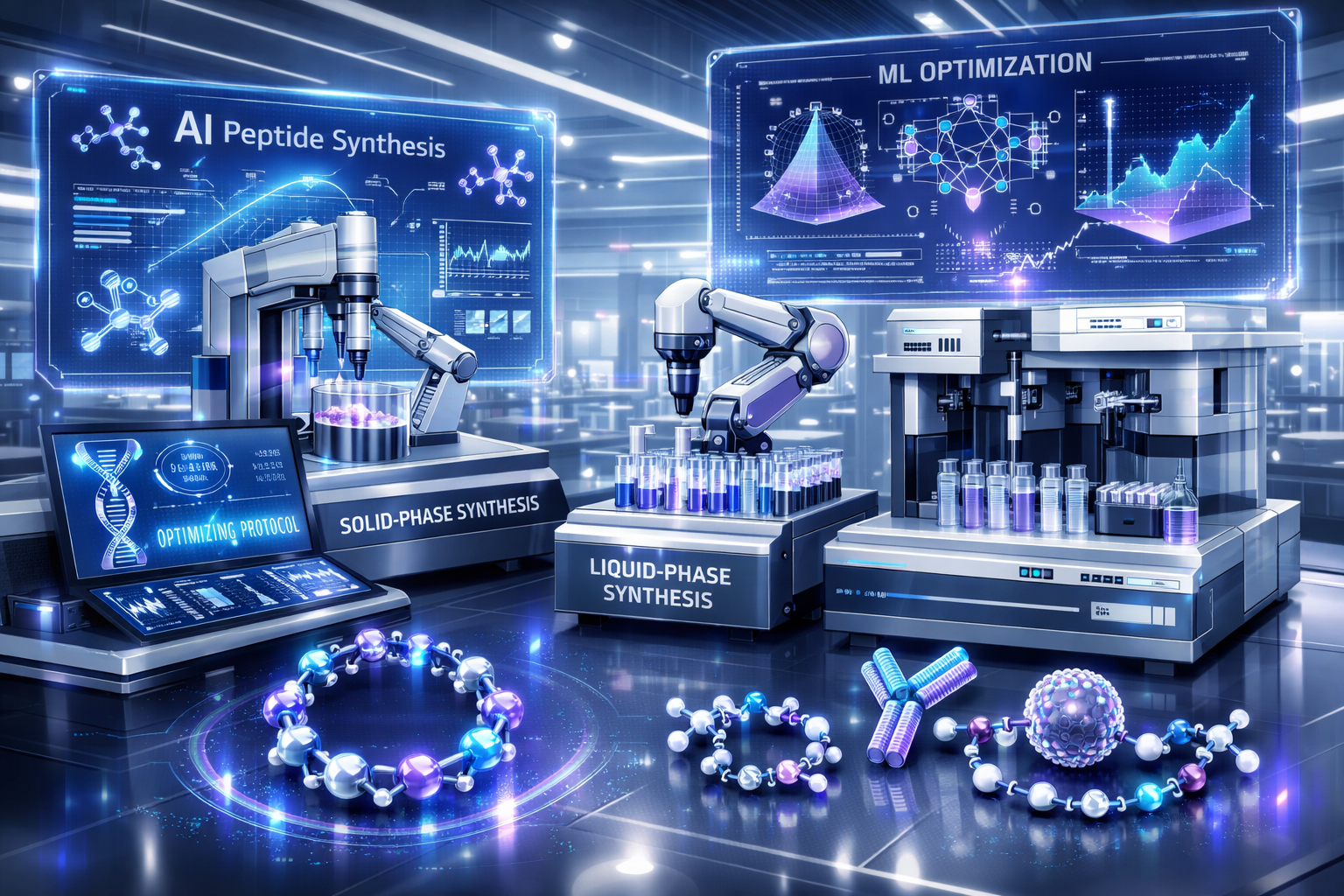 Landscape format (1536x1024) futuristic laboratory scene showcasing advanced peptide synthesis technologies including AI-powered synthesis p