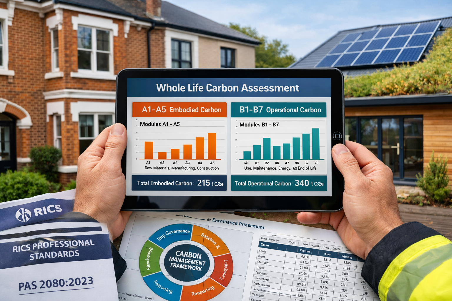 Detailed () editorial image showing close-up of professional surveyor's hands holding tablet displaying detailed whole life