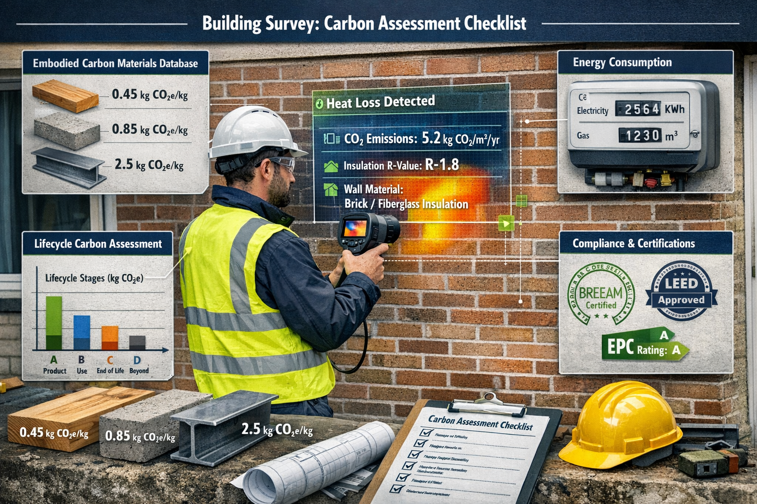Detailed () technical infographic-style image showing practical building survey carbon assessment checklist being completed