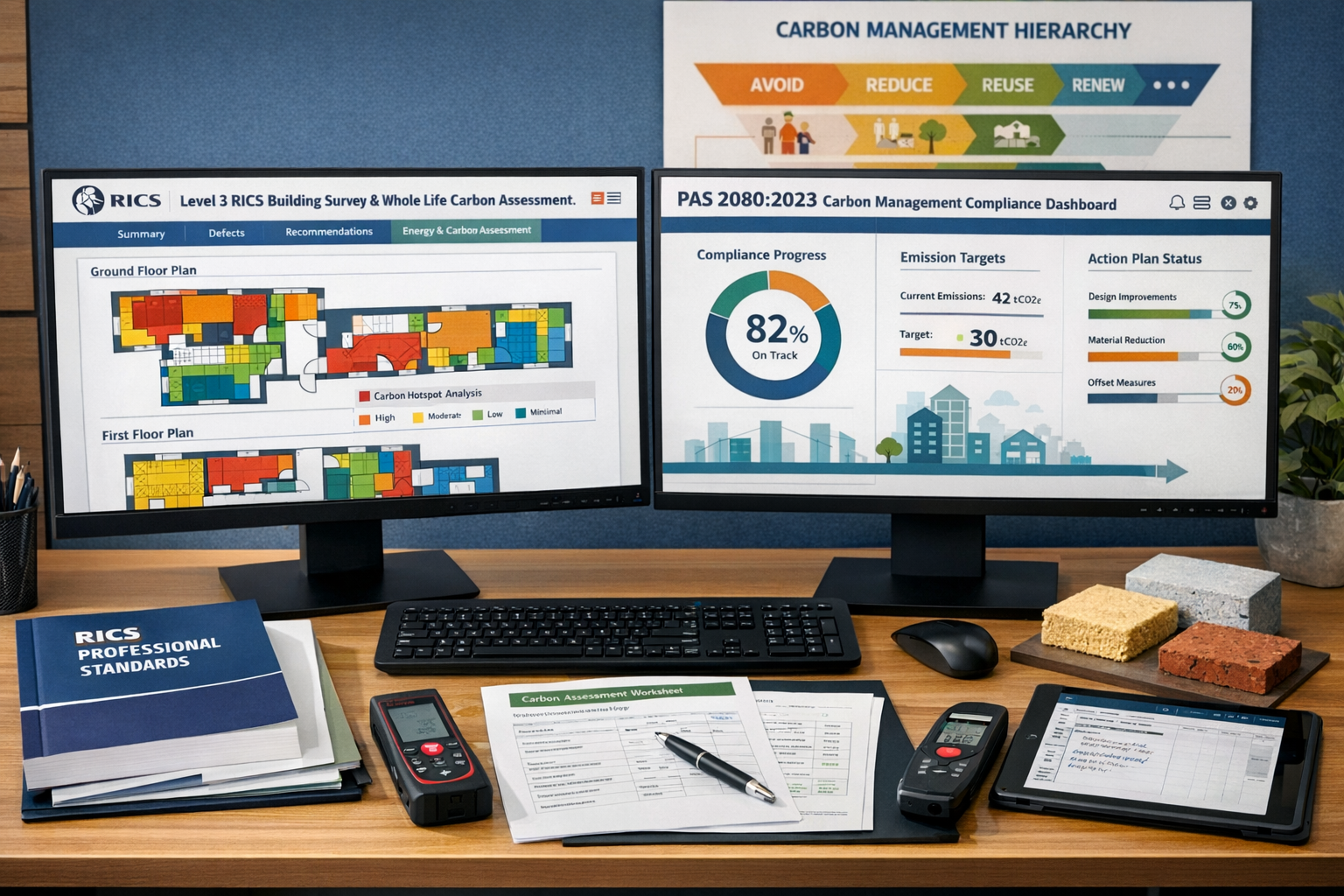 Detailed () image showing modern surveyor's office desk workspace with dual monitors displaying comprehensive Level 3 RICS