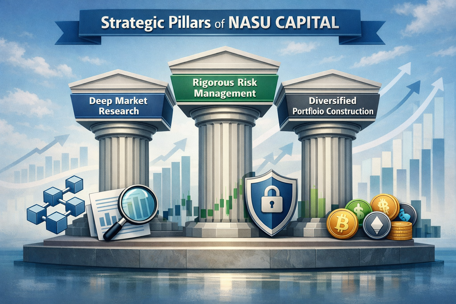 A detailed landscape format (1536x1024) image illustrating the 'Strategic Pillars of Nasu Capital' for blockchain and crypto investments. Th