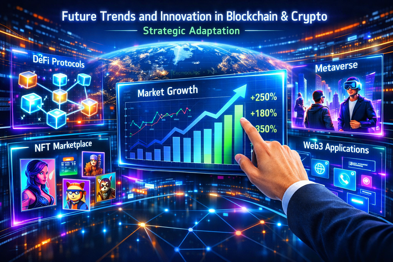 A detailed landscape format (1536x1024) image depicting 'Future Trends and Innovation in Blockchain and Crypto' with a focus on strategic ad
