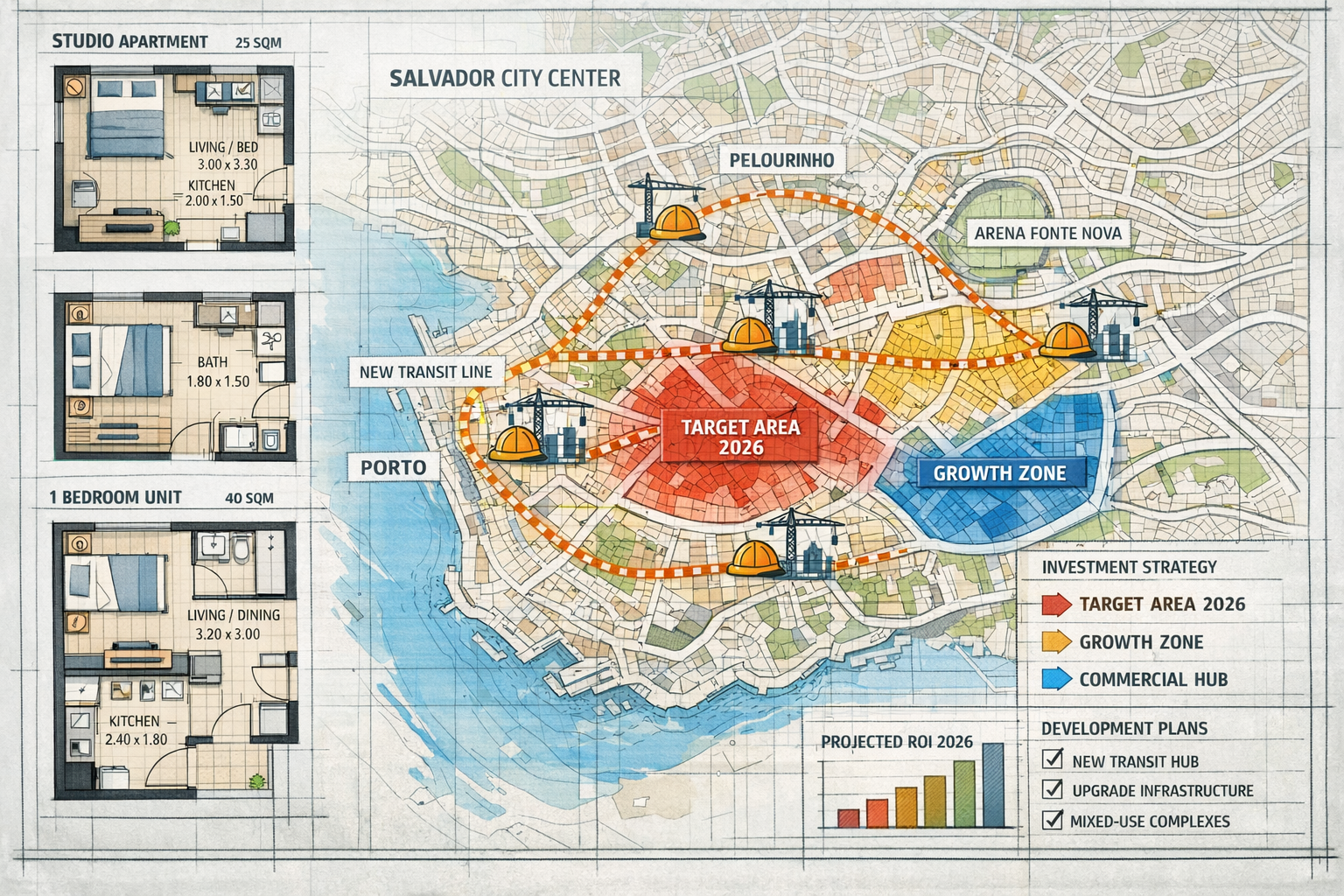 Detailed () architectural visualization showing compact apartment floor plans and development blueprints overlaid on