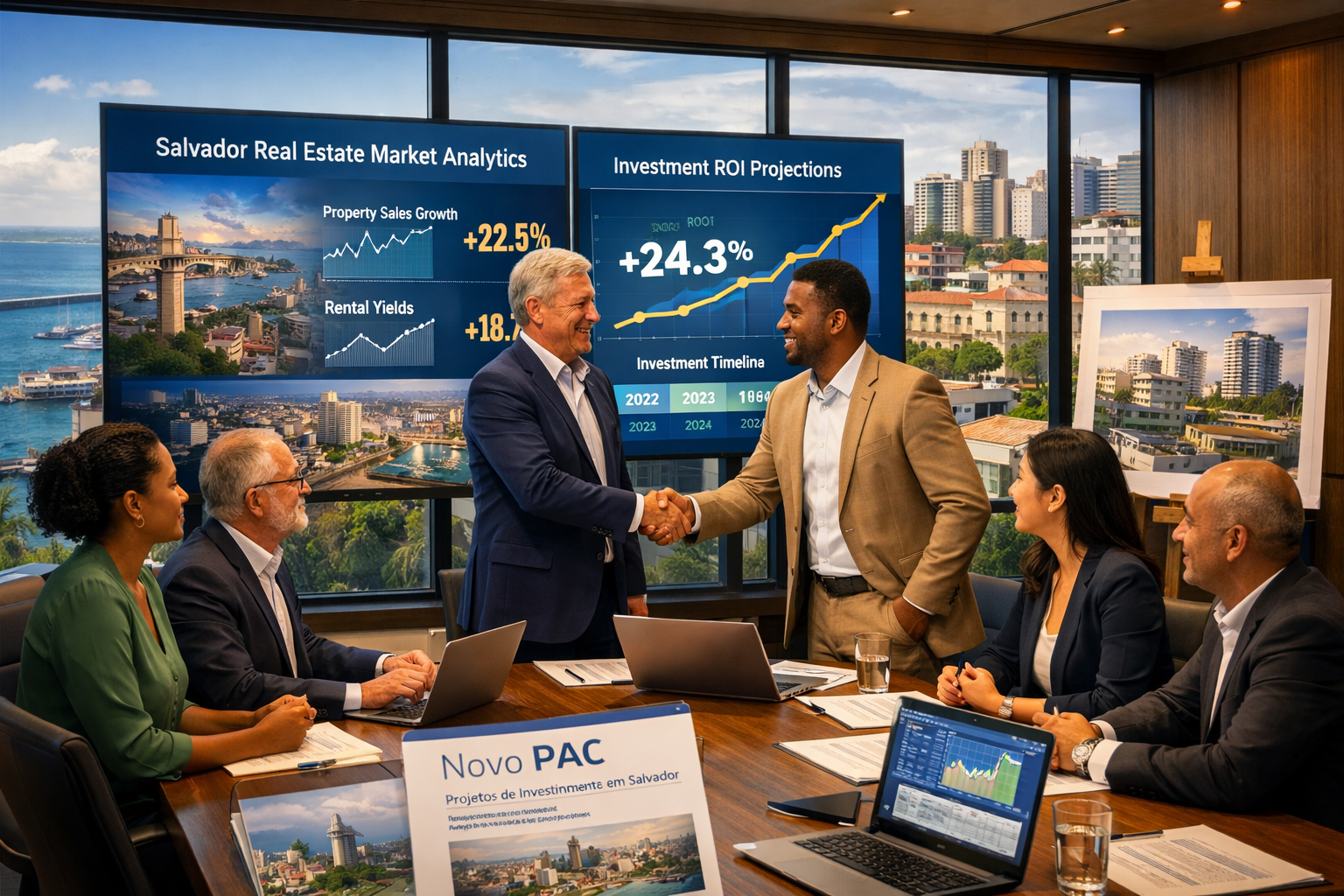 Detailed () professional business scene showing diverse group of real estate developers and investors reviewing large