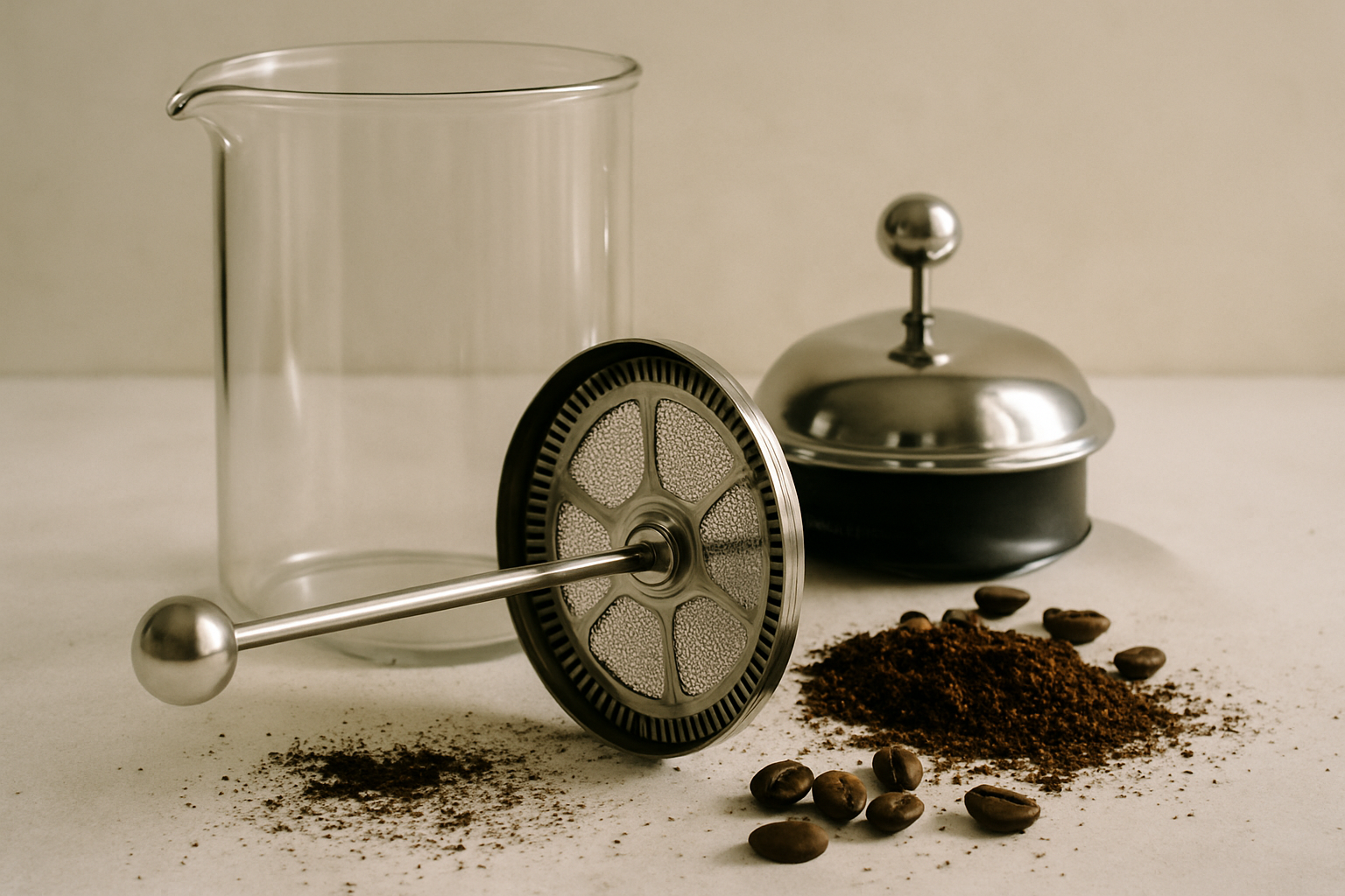 A close-up, editorial-style landscape image (1536x1024) showcasing the classic components of a disassembled french press coffee maker: a cle