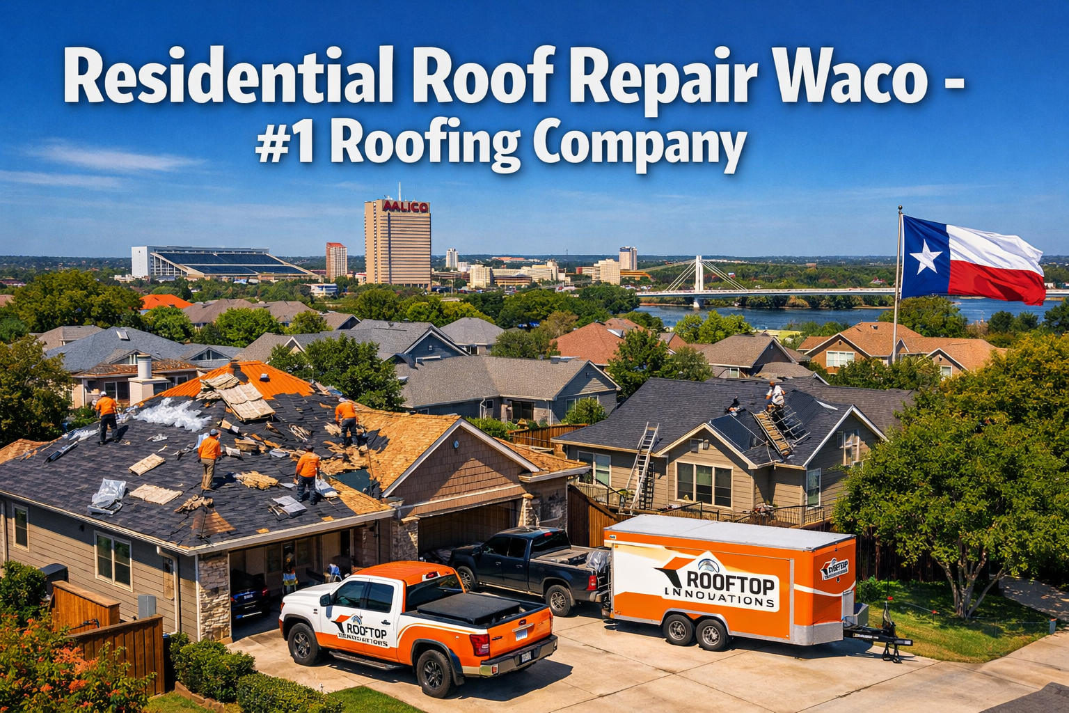 Professional landscape hero image (1536x1024) with bold text overlay 'Residential Roof Repair Waco - #1 Roofing Company' in extra large 70pt