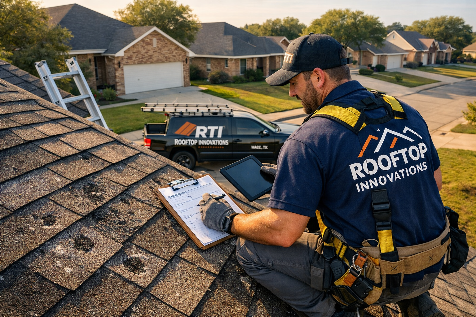 Detailed landscape image (1536x1024) showing professional roofer in Rooftop Innovations uniform inspecting damaged residential roof in Waco 