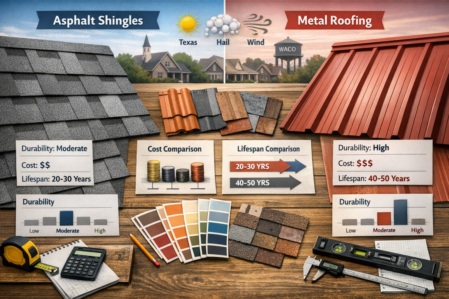 Professional landscape image (1536x1024) displaying split-screen comparison of various roofing materials - asphalt shingles, metal roofing p
